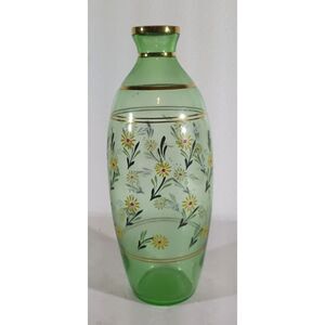 Vintage 10" GREEN VASE Hand Painted Yellow Flowers And Gold Trim Art Deco
